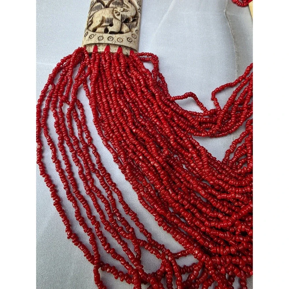 Vintage‎ Red Multi Strand Seed Bead Elephant Carved Statement Necklace Boho